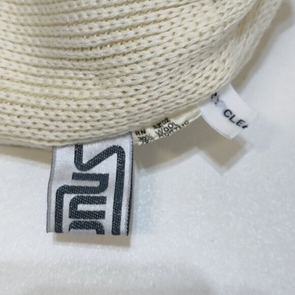 Smuggler Knit Beanie Hat PomPom Cream Stripe Wool Acrylic Blend Unisex 1990s VTG - Picture 6 of 7
